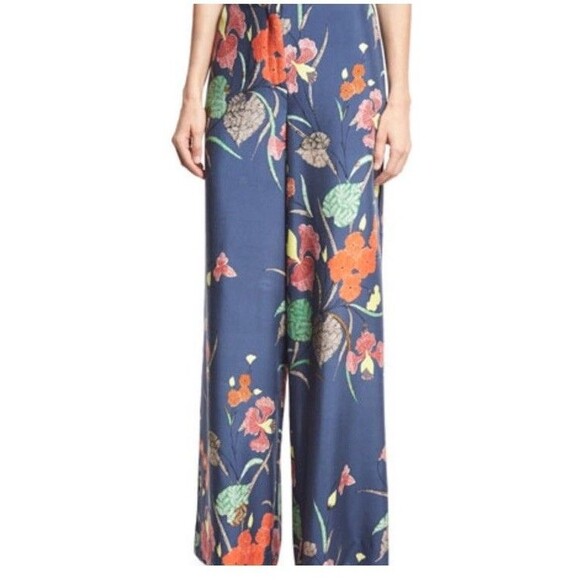 Diane von Furstenberg Silk Blend Wide Leg Trousers Floral Printed Blue Size 6 - Picture 1 of 9